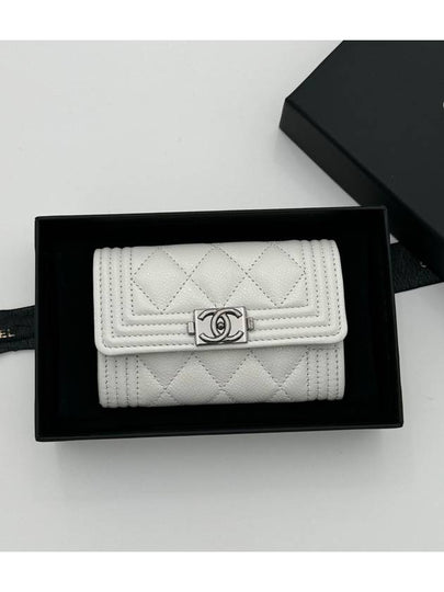 Boy Silver Logo Caviar Leather Card Wallet White - CHANEL - BALAAN 2