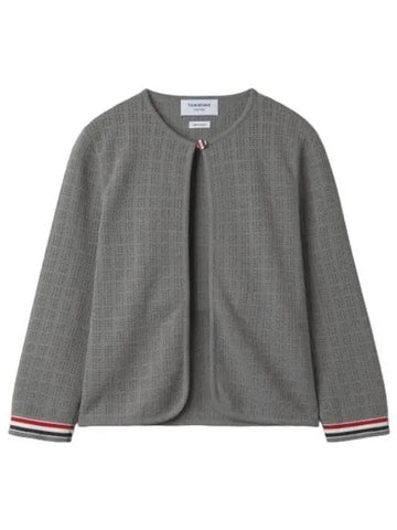 Grid stitch pointel cropped crewneck cardigan light gray - THOM BROWNE - BALAAN 1