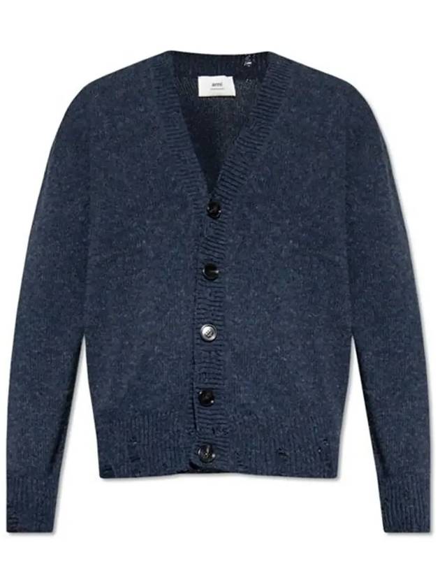 Distressed V-Neck Cardigan Navy - AMI - BALAAN 4