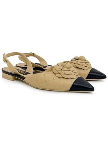 Camellia Flat Slingback 37 5 Beige Black 4ET0397 - CHANEL - BALAAN 1