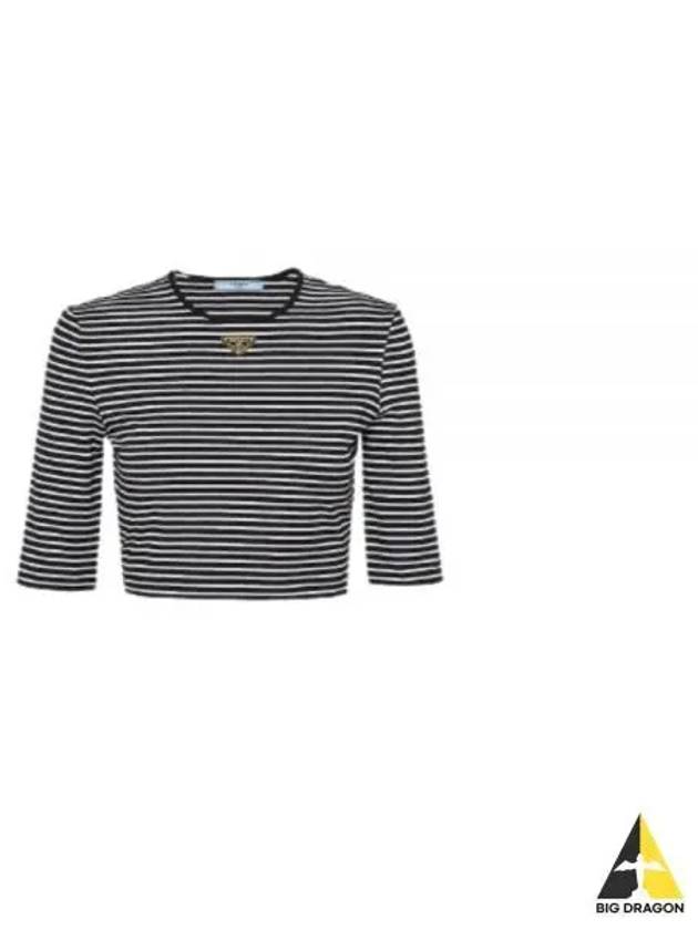 Triangular Logo Striped Cotton Short Sleeve T-shirt Black - PRADA - BALAAN 2