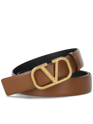 Gold V Logo Signature Leather Belt Brown - VALENTINO - BALAAN 1