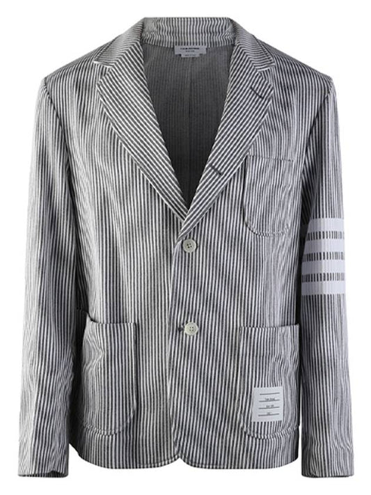 Men's 4 Bar Seesucker Loopback 4 Bar Sack Cardigan Grey - THOM BROWNE - BALAAN 2