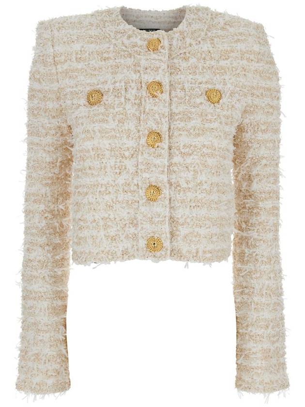 White Crewneck Cardigan With Jewel Buttons In Tech Fabric Woman - BALMAIN - BALAAN 1