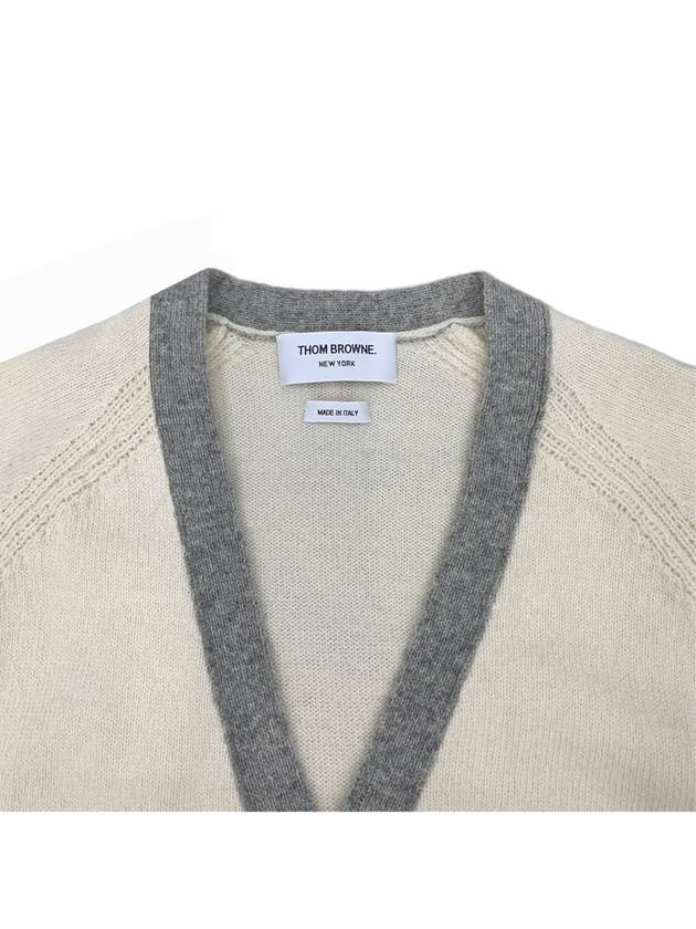 V-Neck 4-Bar Wool Cardigan White - THOM BROWNE - BALAAN 4