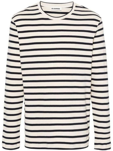 Striped Motif Cotton Long Sleeve T-shirt Beige Navy - JIL SANDER - BALAAN 1