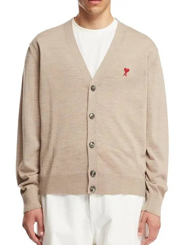 Red Heart Logo Merino Wool Cardigan Beige - AMI - BALAAN 2