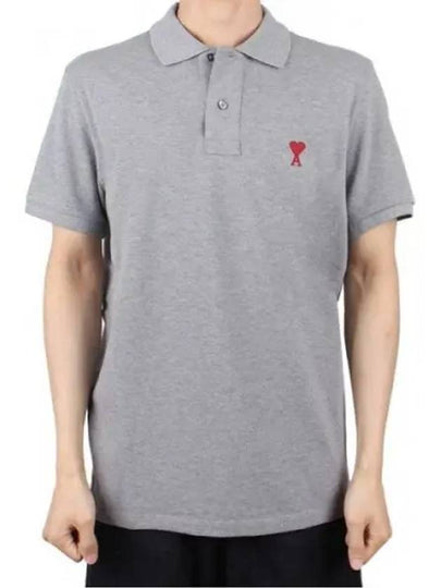 Men's Heart Logo Polo Shirt Heather Grey - AMI - BALAAN 2