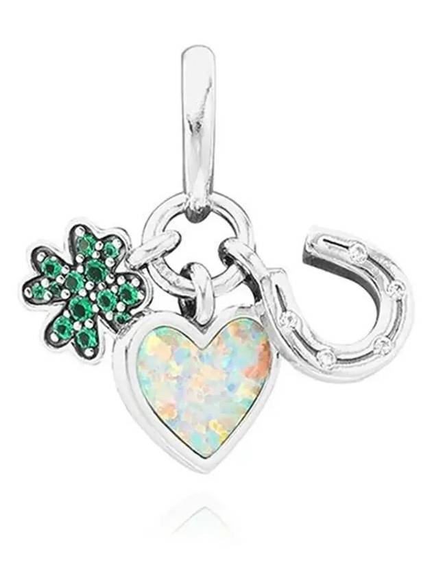 Four Leaf Clover Heart and Horseshoe Triple Dangle Bracelet Charm Silver Green - PANDORA - BALAAN 4