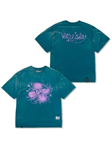 Crayon Flower Vintage Like Washed Oversized Short Sleeves T Shirts Blue - STIGMA - BALAAN 1