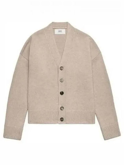 V-Neck Knit Wool Cashmere Cardigan Beige - AMI - BALAAN 2