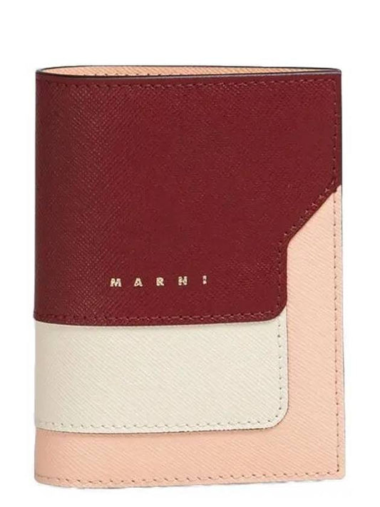 Saffiano Leather Color Block Half Wallet Red - MARNI - BALAAN 2