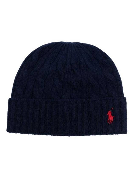 Embroidered Logo Cable Knit Beanie Navy - POLO RALPH LAUREN - BALAAN 1