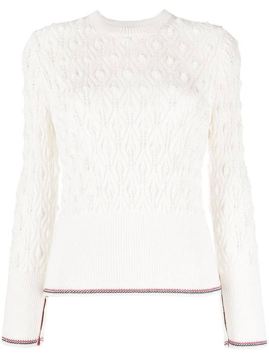 Pointelle Tipping Crew Neck Pullover Knit Top White - THOM BROWNE - BALAAN 1