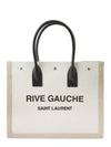 Rive Gauche Logo Linen Small Tote Bag Black Natural - SAINT LAURENT - BALAAN 3