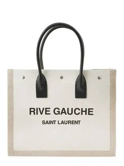 Rive Gauche Logo Linen Small Tote Bag Black Natural - SAINT LAURENT - BALAAN 2