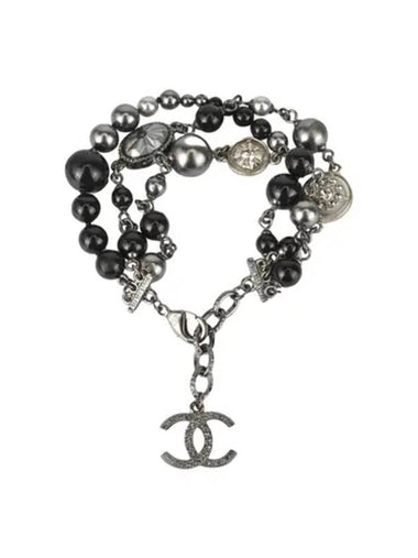 CC Logo Crystal Beads Pearl Bracelet Black Silver - CHANEL - BALAAN 1