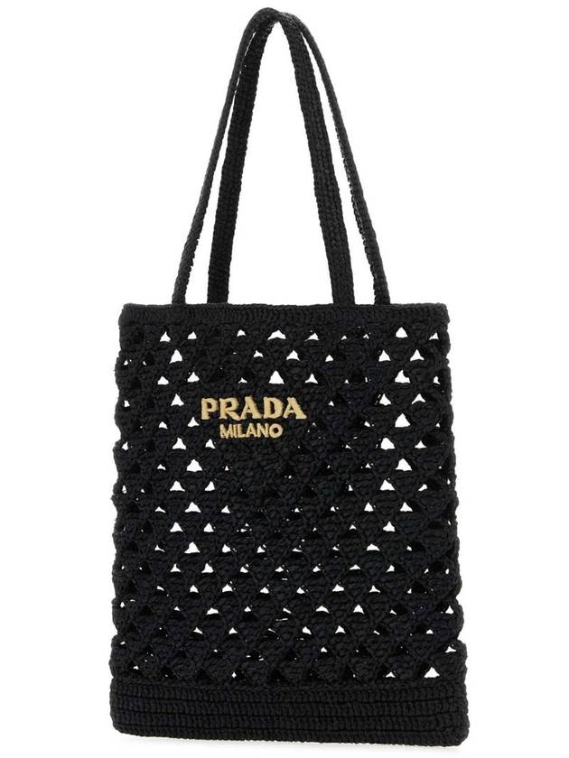 Woven Fabric Crochet Tote Bag Black - PRADA - BALAAN 3