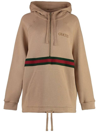 Embroidery Logo Web Stripe Half Zip Hoodie Light Brown - GUCCI - BALAAN 2