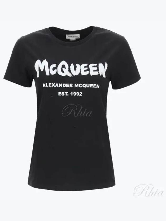 Women's Graffiti Logo Short Sleeve T-Shirt Black - ALEXANDER MCQUEEN - BALAAN 2