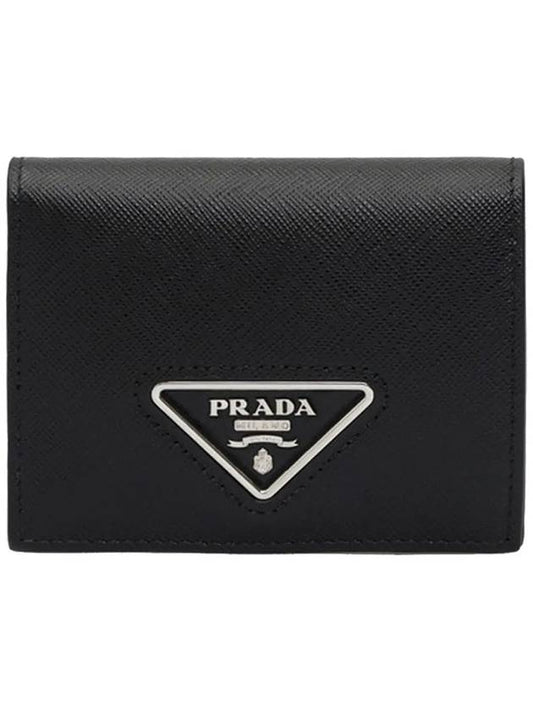 Triangle Logo Saffiano Leather Half Wallet Black - PRADA - BALAAN 2