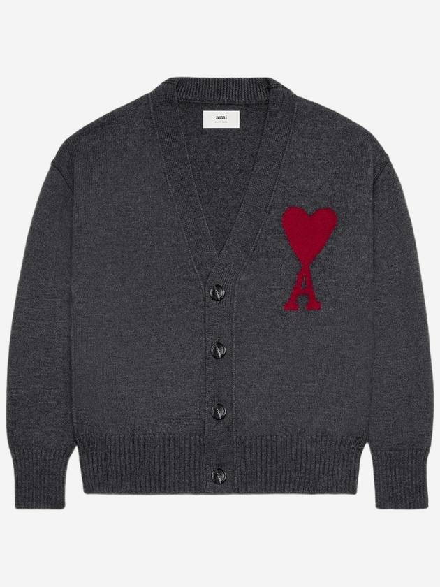 Heart Logo V Neck Wool Cardigan Heather Grey - AMI - BALAAN 2