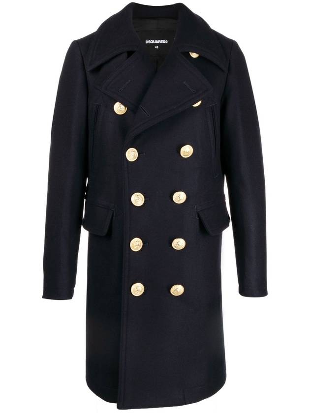 Wool  Double Breasted Coat Navy - DSQUARED2 - BALAAN 7