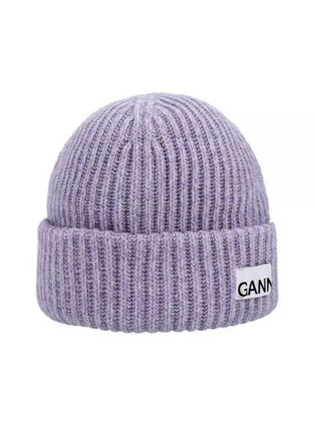 Logo Patch Ribbed Knit Beanie Purple - GANNI - BALAAN 2