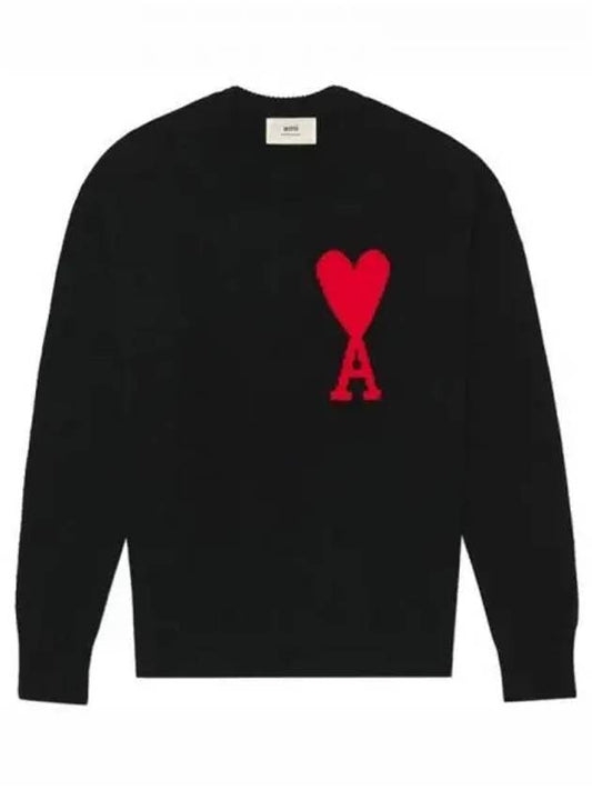 Big heart embroidered crew neck sweater knit black red 270323 - AMI - BALAAN 1