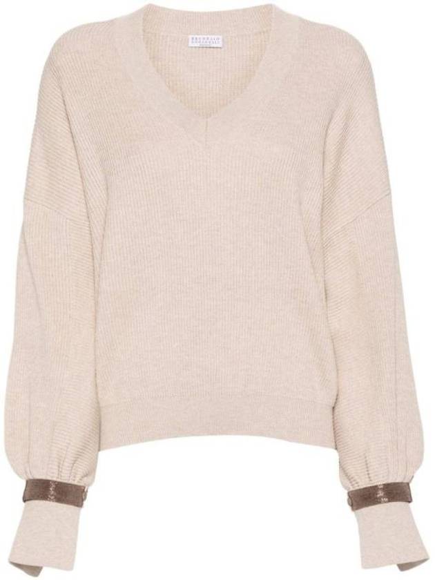 V-Neck Knit Top Beige - BRUNELLO CUCINELLI - BALAAN 1