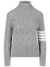 Women's 4 Bar Irish Pointelle Cable Merino Wool Turtleneck Grey - THOM BROWNE - BALAAN 2