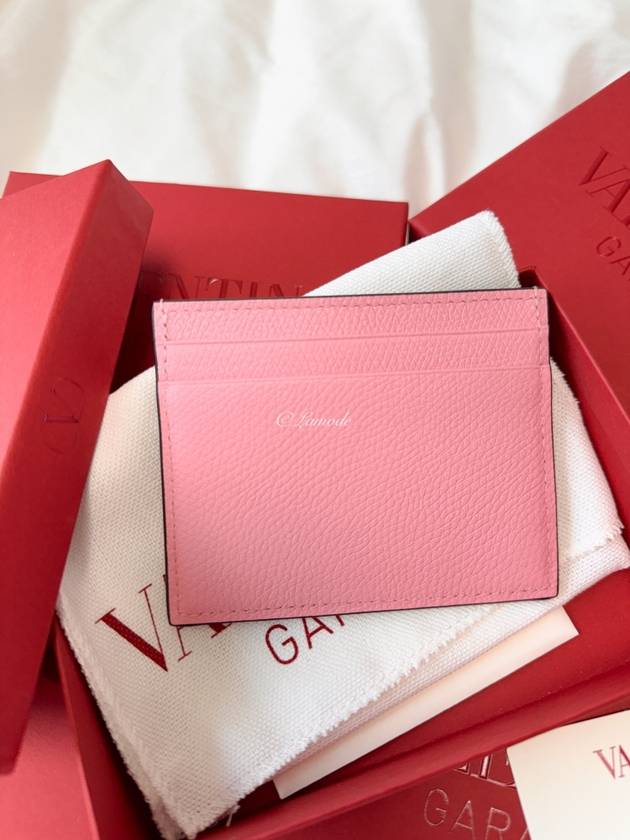 V Logo Signature Grainy Calfskin Card Wallet Pink - VALENTINO - BALAAN 3