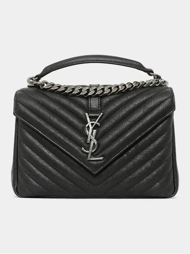 Silver Monogram College Medium Chain Crossbody Bag in Matelasse Leather Black - SAINT LAURENT - BALAAN 4