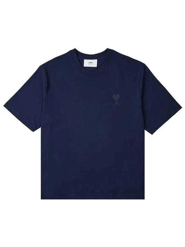 Heart Logo Cotton Jersey Short Sleeve T-Shirt Navy - AMI - BALAAN 3