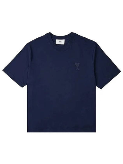 Heart Logo Cotton Jersey Short Sleeve T-Shirt Navy - AMI - BALAAN 2