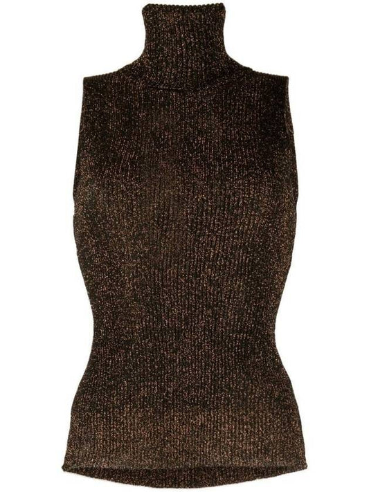 Sparkle Rib Sleeveless Turtleneck Brown - GANNI - BALAAN 1