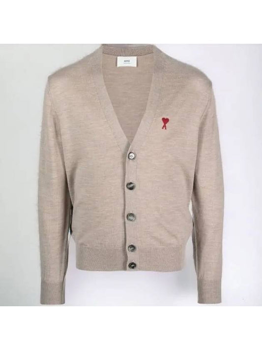 Red Heart Logo Merino Wool Cardigan Beige - AMI - BALAAN 2