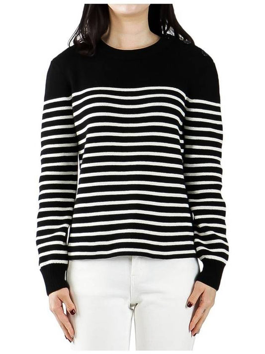 Shoulder Button Striped Cotton Wool Knit Top Black - SAINT LAURENT - BALAAN 2