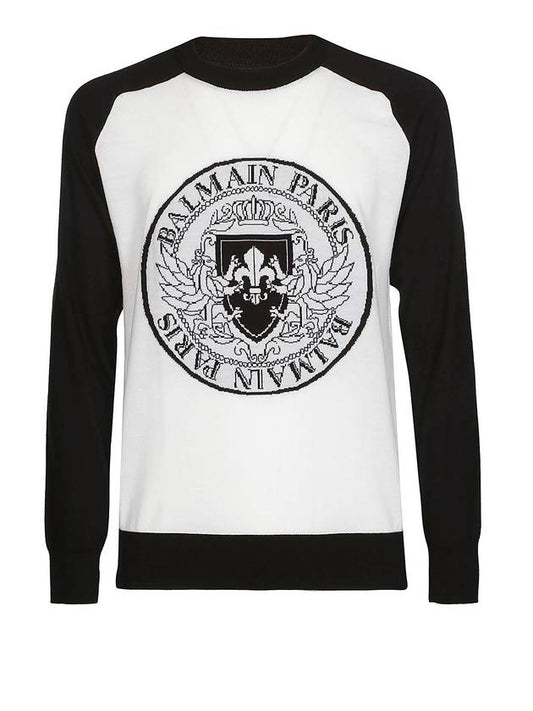 Crest Intarsia Wool Sweatshirt Black White - BALMAIN - BALAAN.