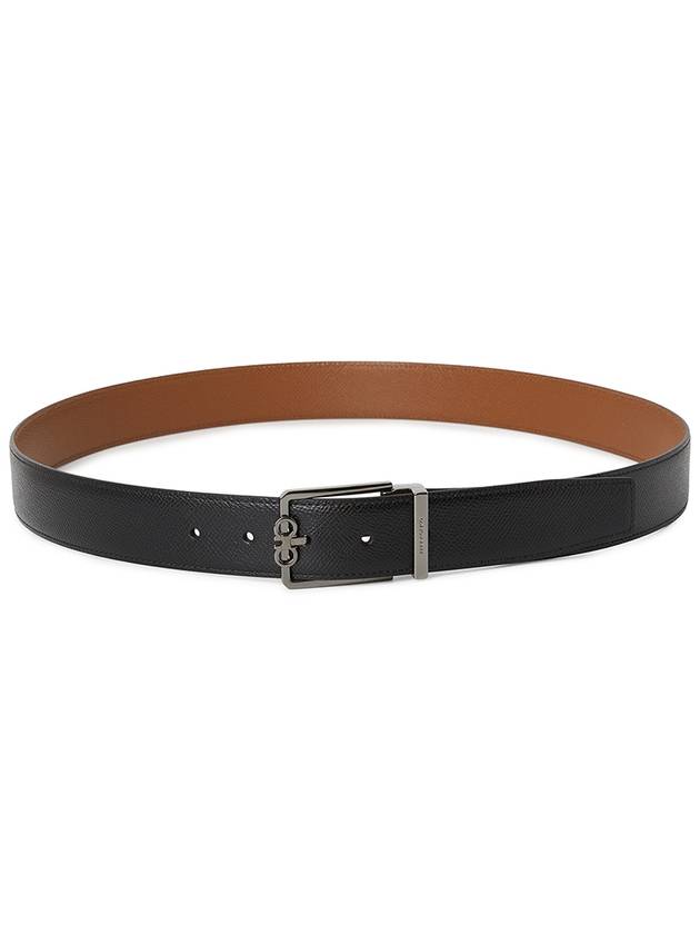 Men's Gancini Square Buckle Leather Belt Black Vicuna - SALVATORE FERRAGAMO - BALAAN 4