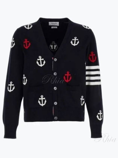 Anchor Intarsia 4-Bar V-Neck Cardigan Navy - THOM BROWNE - BALAAN 2