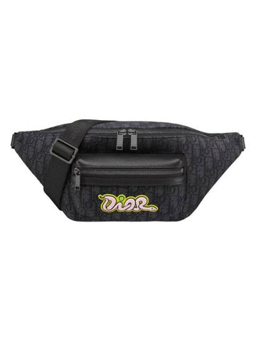 Kaws Dior Oblique Jacquard And Grained Calfskin Rider 2.0 Belt Bag Black - DIOR - BALAAN 1