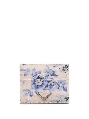 Floral Print Saffiano Leather Card Wallet Periwinkle Blue - PRADA - BALAAN 1