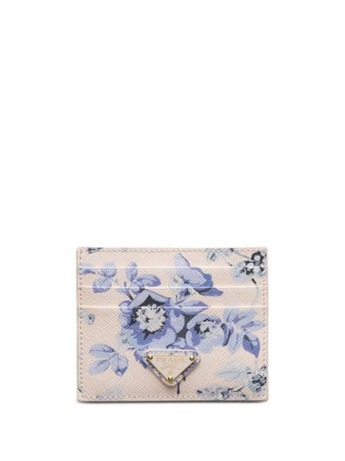 Floral Print Saffiano Leather Card Wallet Periwinkle Blue - PRADA - BALAAN 1