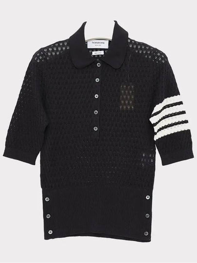 4 Bar Stripe Pointelle Knit Short Sleeve Polo Shirt Navy - THOM BROWNE - BALAAN 2