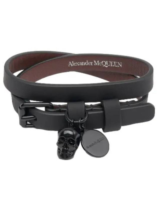 Black skull double wrap leather bracelet - ALEXANDER MCQUEEN - BALAAN 1