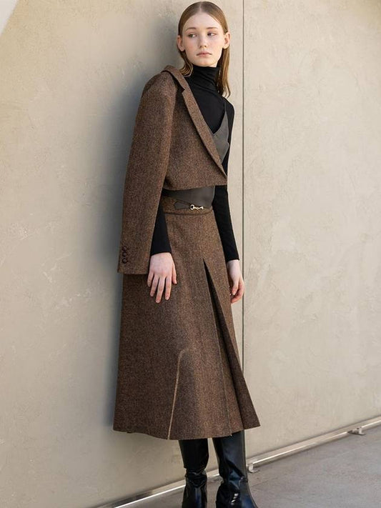 Women's Wool Herringbone Suit Brown - DEFEMME - BALAAN 2