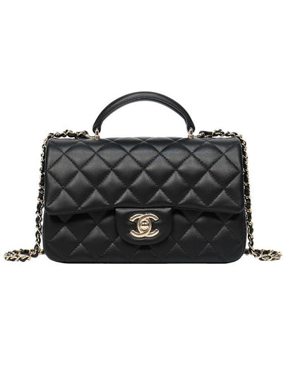 Gold Hardware Top Handle Mini Lambskin Flap Cross Bag Black - CHANEL - BALAAN 2