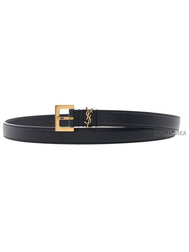 Cassandre Grained Leather Square Buckle Thin Belt Black - SAINT LAURENT - BALAAN 2