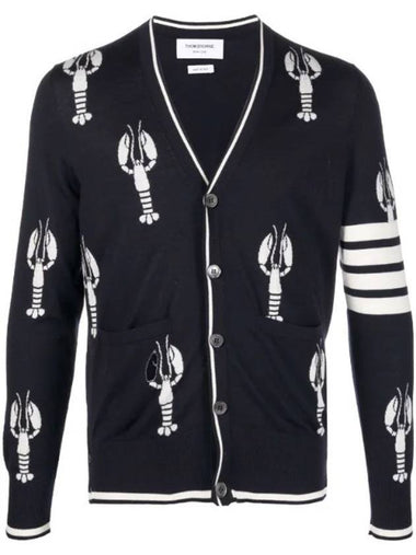 Men's Lobster Merino Wool 4 Bar Relaxed V-neck Cardigan Navy - THOM BROWNE - BALAAN 1